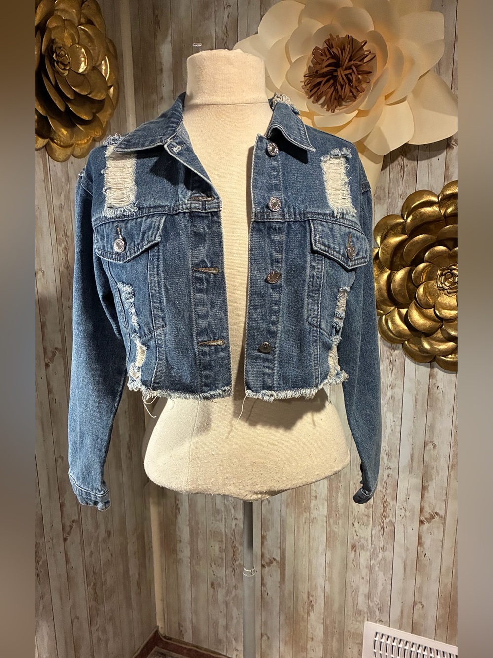 Distressed Cropped Blue Denim Jacket